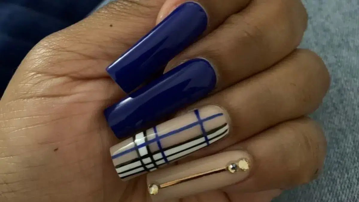Navy Blue and plaid nails