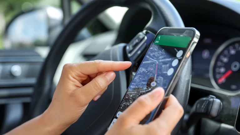 Uber vs Bolt: A Look into Gauteng’s E-Hailing Services Female driver hand holding a phone with interface navigator on a screen