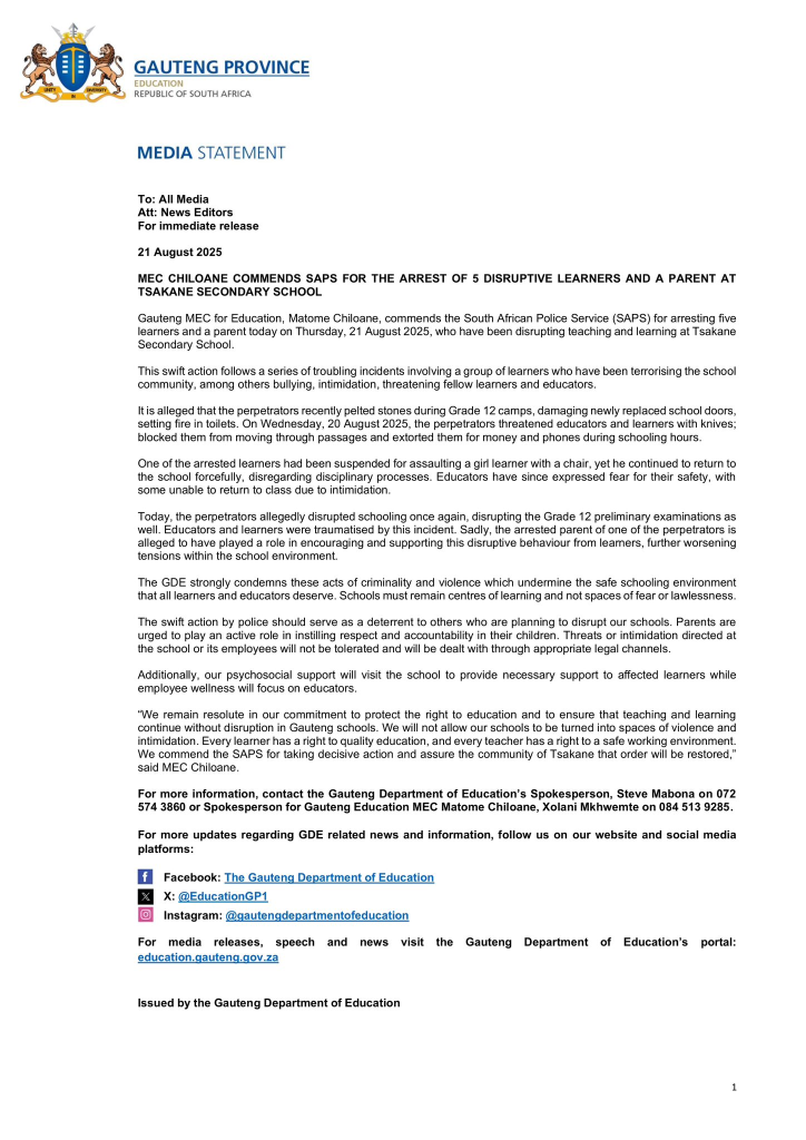 Gauteng Education MEC Commends Police After Student Arrests at Tsakane Secondary